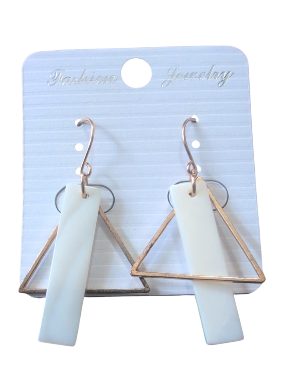 White Resin Bar & Gold Tone Triangle Geometric Dangle Earrings Minimalist Statem